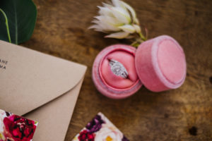 Round Solitaire with Diamond Halo Bride Engagement Ring in Pink Velvet Ring Box