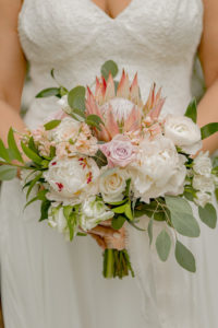 Garden Inspired Bridal Floral Bouquet, King Protea, Pink and Ivory Roses, Eucalyptus Leaves