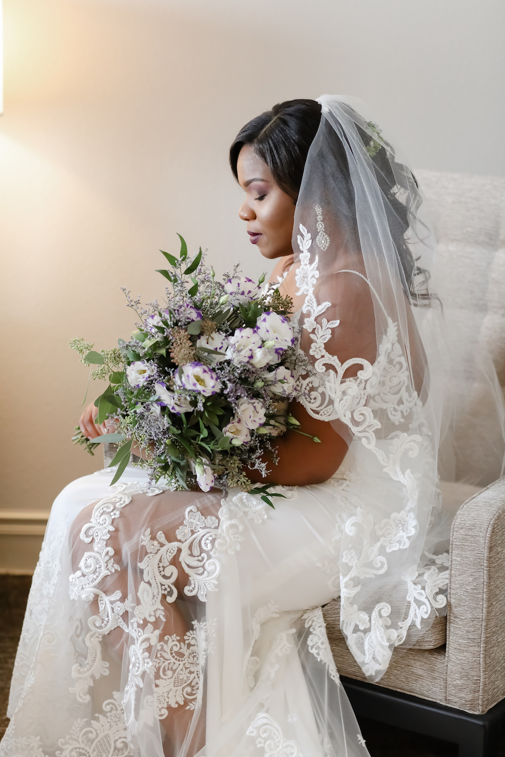 Rustic Chic Bride Beauty Wedding Portrait in Lace Off the Shoulder Wedding Dress with Elegant Lace Lined Veil, Organic Garden Purple, Lilac and White with Greenery Floral Bridal Bouquet | Tampa Wedding Photographer Lifelong Photography Studio | Wedding Hair and Makeup Michele Renee the Studio | Wedding Dress Boutique Truly Forever Bridal