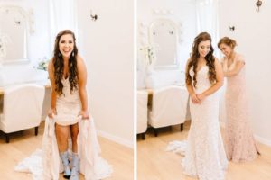 Whimsical Inspired Florida Bride Getting Ready Photo with Mother, Lace Sweetheart Neckline Strapless Fit and Flare Wedding Dress, Tampa Bay Bride in Silly Socks | Plant City Wedding Venue Florida Rustic Barn Weddings
