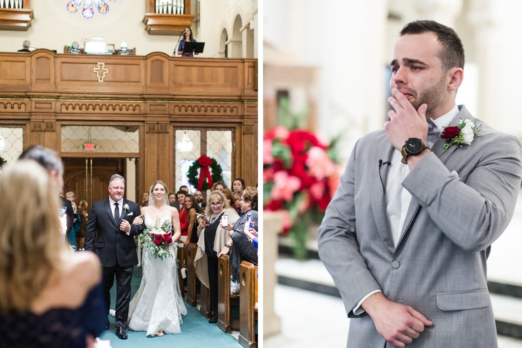 Florida Bride and Father Walk Down the Aisle in Tampa Bay Church, Decorated with Christmas Wedding Decor, Green Garland, Red Roses, Emotional Groom See Bride First Time During Ceremony | St. Petersburg Wedding Photographers Shauna and Jordon Photography