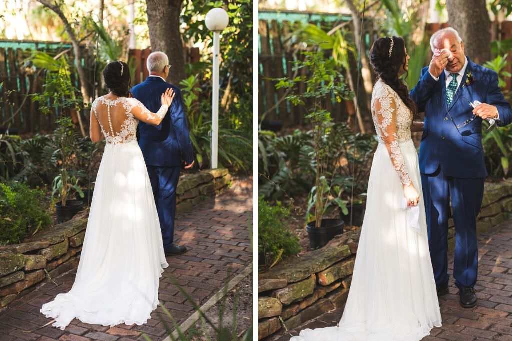 Boho Chic Tampa Bride and Father First Look Wedding Portrait, Bride in Long Sleeve Chiffon A-Line Illusion with Lace Appliques and Button Back and Side Ponytail with Beaded Headband | Wedding Hair and Makeup Femme Akoi Beauty Studio
