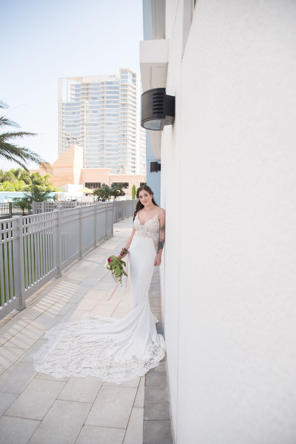 Elegant Bride Beauty Wedding Portrait in Fitted Lace and Illusion V Neckline Wedding Dress | Tampa Bay Wedding Photographer Kristen Marie Photography | Palm Harbor Wedding Attire Nikki's Glitz and Glam Boutique | Downtown St. Pete Wedding Venue Hyatt Place Downtown St. Pete