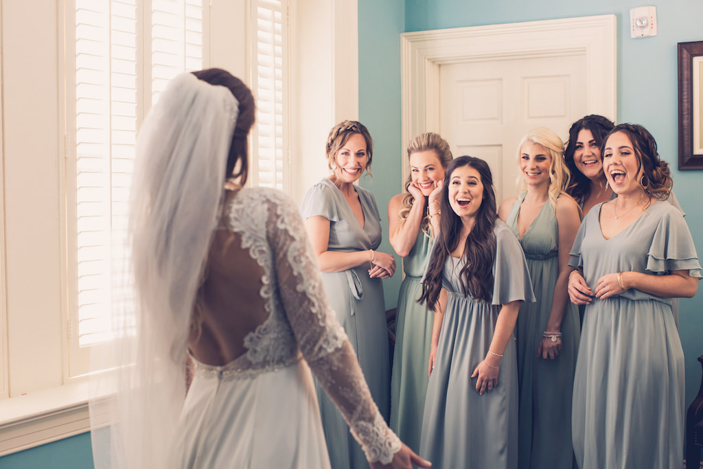 Bride and Bridal Party First Look Wedding Portrait, Florida Bridesmaids in Long Mix and Match Mint Crisp Show Me Your MuMu Dresses | Tampa Bay Luxury Wedding Photographer Luxe Light Images