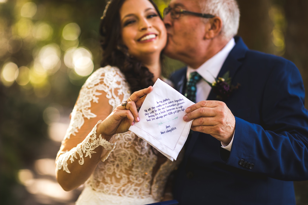 Boho Chic Bride with Father Wedding Portrait with Personal Note on Handkerchief | Tampa Bay Wedding Hair and Makeup Femme Akoi Beauty Studio