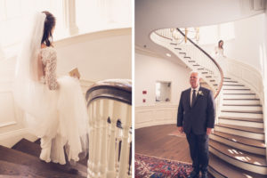 Florida Bride and Father First Look Wedding Portrait, Main Staircase of Historic Ballast Point Wedding Venue Tampa Yacht Club | Tampa Bay Luxury Wedding Photographer Luxe Light Images
