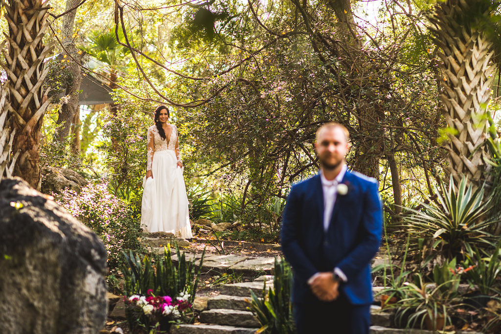 Tampa Bay Boho Chic Bride and Groom First Look Whimsical Outdoor Garden Wedding Portrait