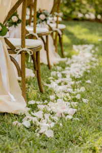 St. Pete Garden Wedding Ceremony Decor, Blush Pink Flower Petal Aisle Runner, Wooden Cross Back Chairs with Ivory Sashes