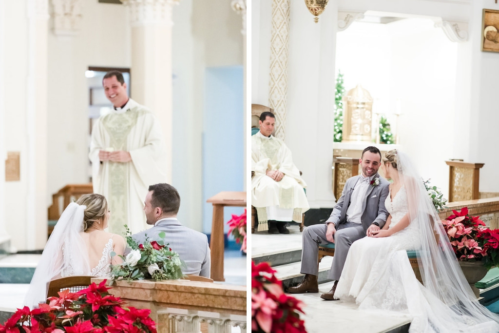 Tampa Bay Bride and Groom in Catholic Wedding Ceremony, Christmas Wedding Decor | Florida Wedding Photographers Shauna and Jordon Photography
