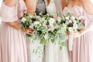 Bride and Bridesmaids in Off the Shoulder Blush Pink Dresses Holding Organic Silver Dollar Eucalyptus, White and Blush Pink Roses Floral Bouquets | Tampa Bay Wedding Photographer Lifelong Photography Studio | Wedding Planner Special Moments Event Planning