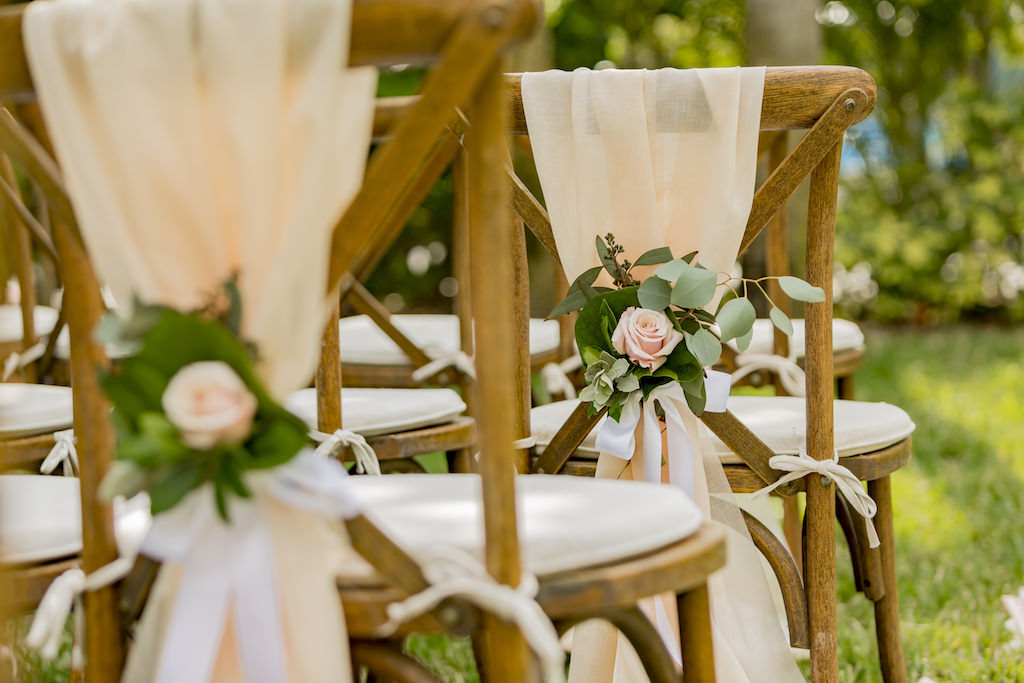 St. Pete Outdoor Garden Wedding Ceremony Decor, Wooden Cross Back Chairs with Blush Pink Sashes, Greenery Eucalyptus and Pink Rose Floral Arrangement