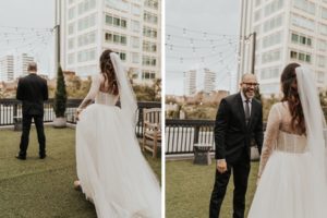 Bride and Groom First Look Wedding Portrait Reaction | St. Pete Rooftop Wedding Venue Station House
