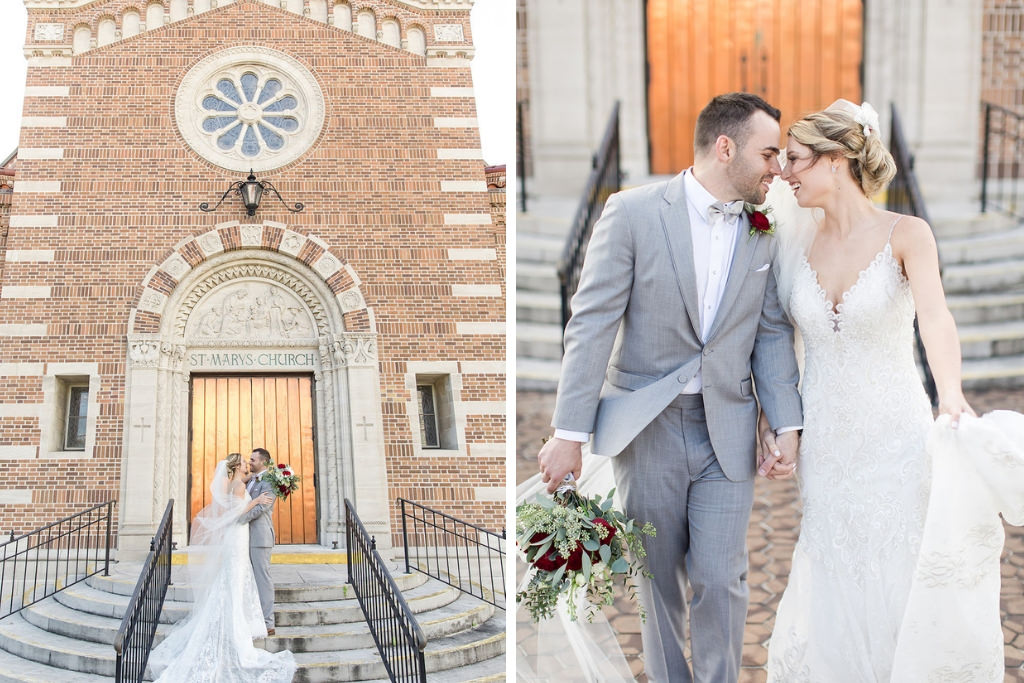 Tampa Bay Bride and Groom Portrait on Steps of Cathedral at Saint Mary Our Lady of Grace Church in Downtown St. Pete | Florida Luxury Wedding Photographers Shauna and Jordon Photography