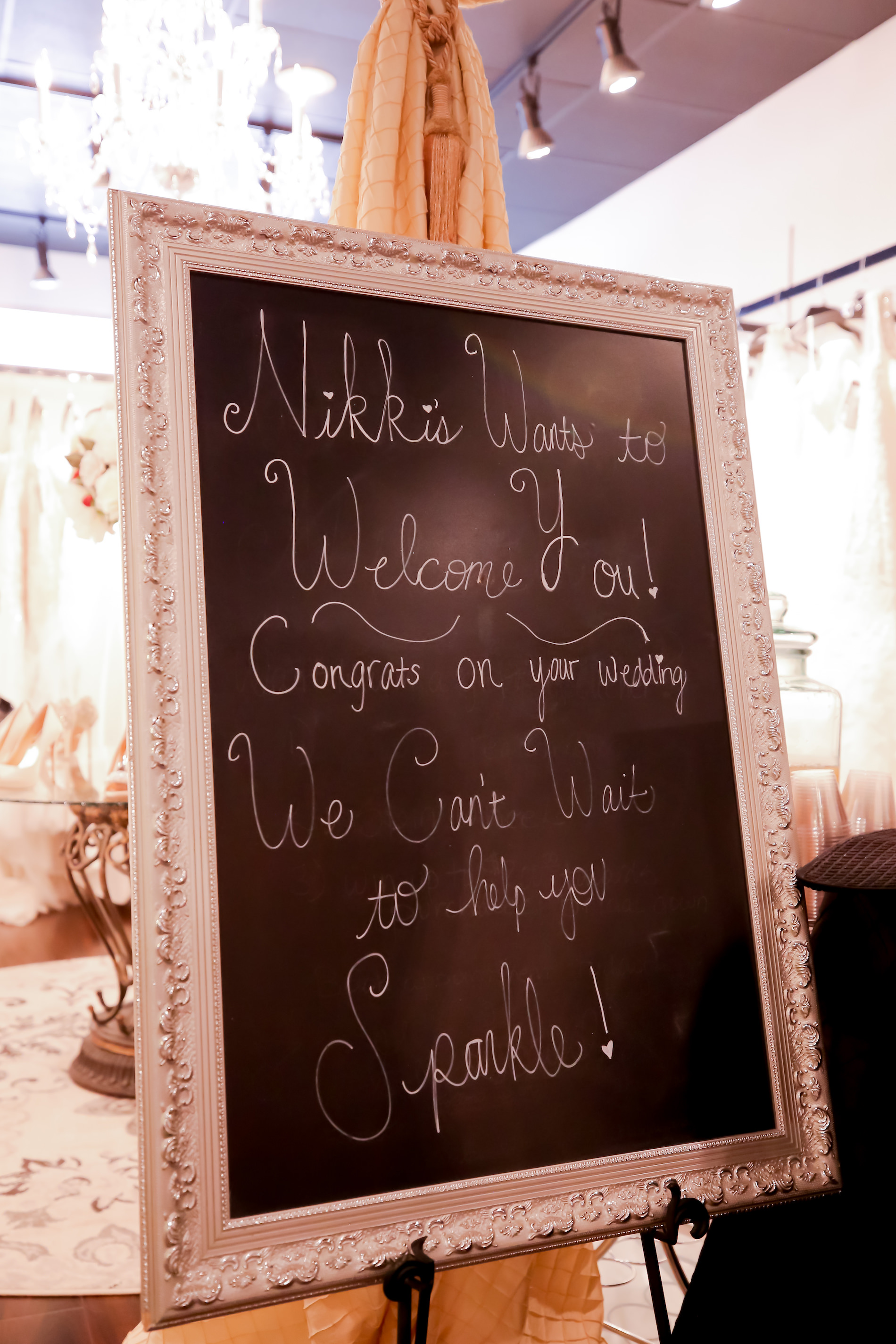 Nikki's Glitz and Glam Bridal Boutique | Palm Harbor Wedding Dress Store Chalkboard Welcome Sign