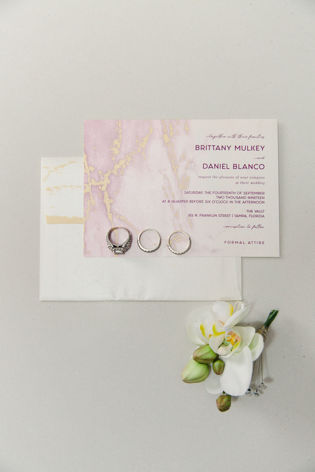 Modern Pink and Gold Foil Marble Wedding Invitation with Wedding Rings