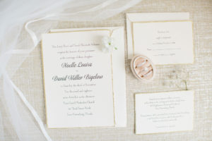 Classic Elegant White and Gold Foil Trim Wedding Invitation Suite, Engagement Ring and Bride Wedding Bands in Blush Pink Velvet Ring Box
