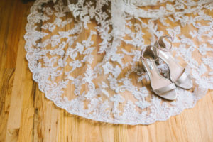 Elegant and Delicate Lace Wedding Dress Train, Champagne Strappy Sandal Wedding Heel Shoes | Tampa Bay Wedding Photographer Kera Photography | Wedding Dress Truly Forever Bridal