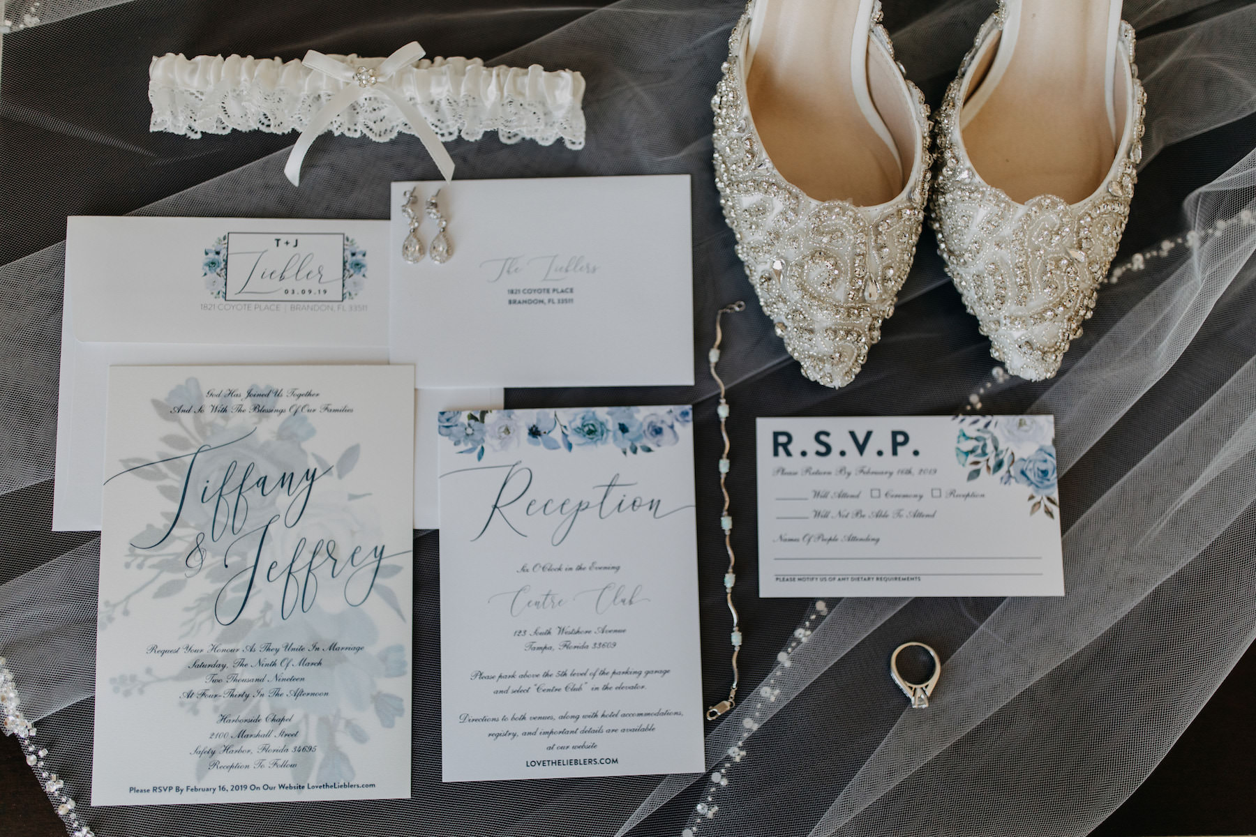 Classic Elegant Floral Powder Blue and White Wedding Invitation Suite, Lace Ivory Garter, Pointed Toe Rhinestone Embellished Ivory Wedding Shoes