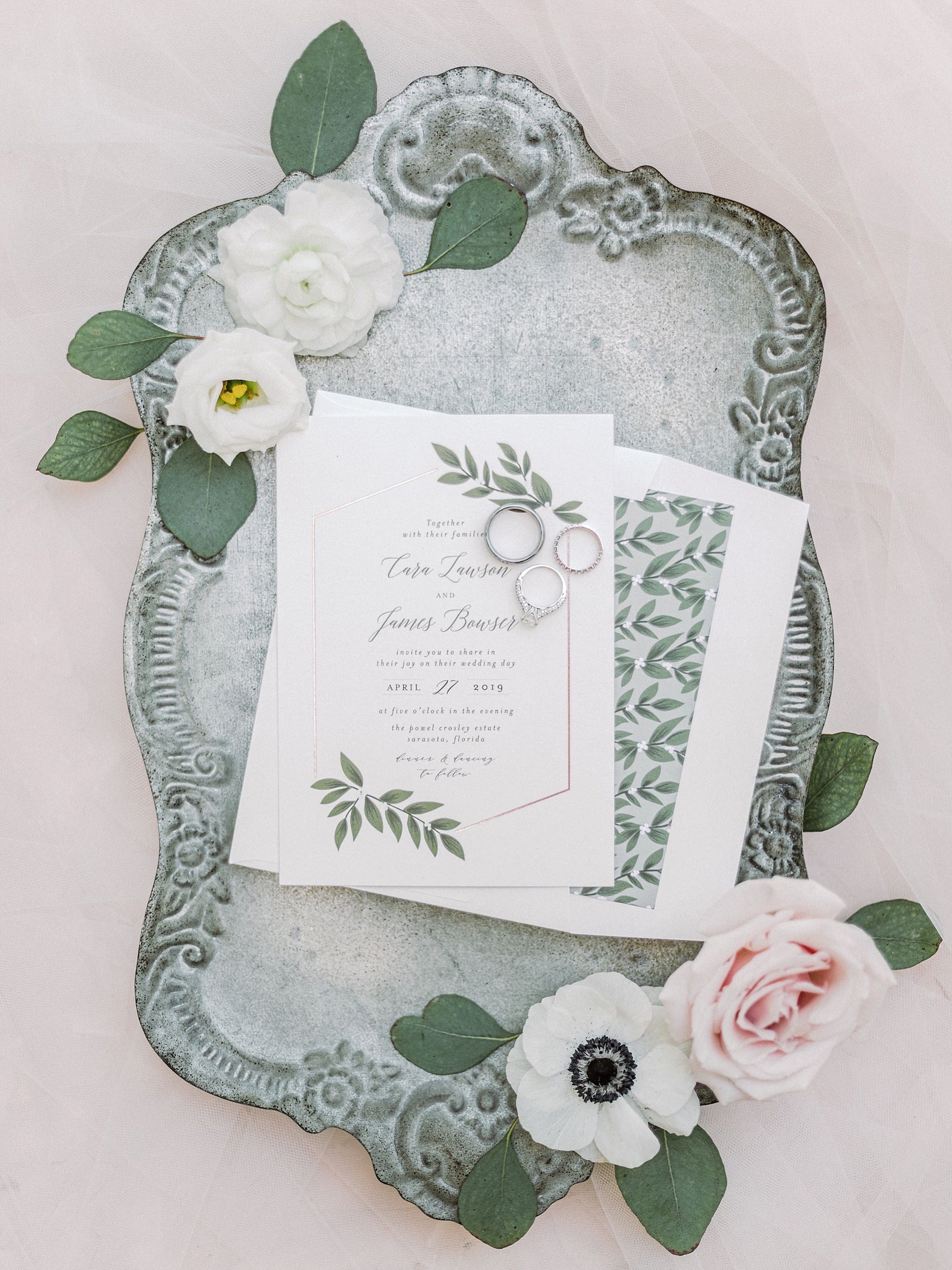 Romantic Elegant White with Green Leaves Wedding Invitation Suite on Antique Tray