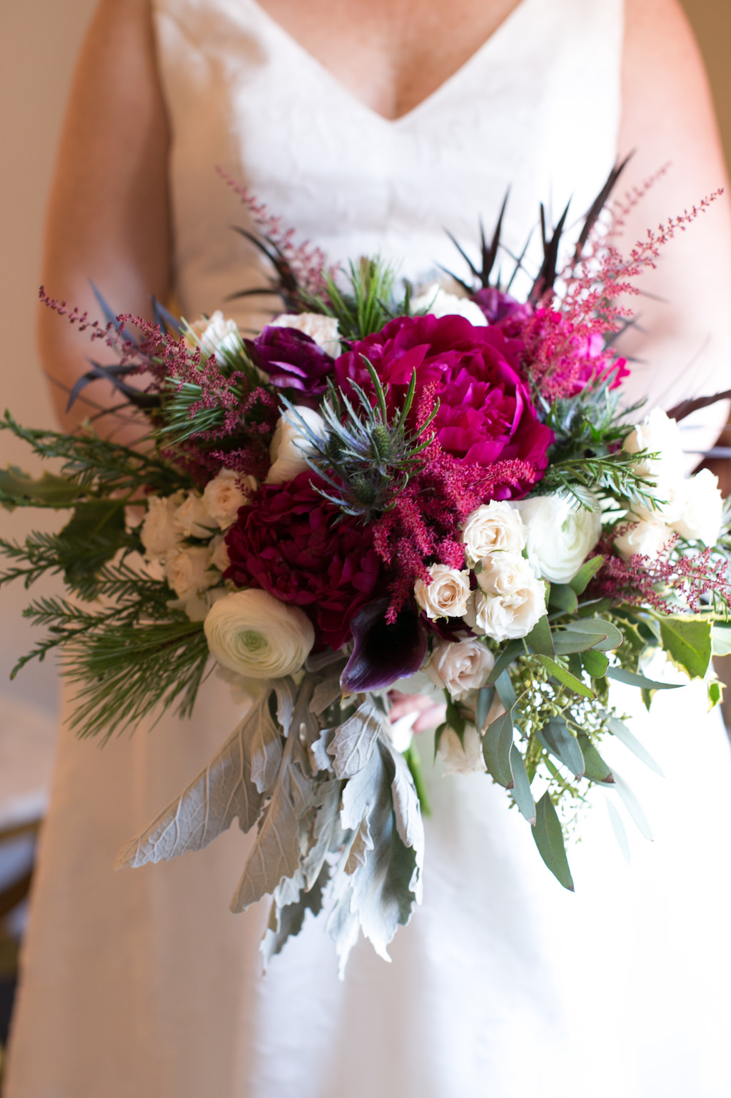 Elegant Whimsical Burgundy, White Roses, Pink Accents, Greenery and Dusty Miller Floral Bridal Bouquet | Tampa Bay Wedding Photographer Carrie Wildes Photography