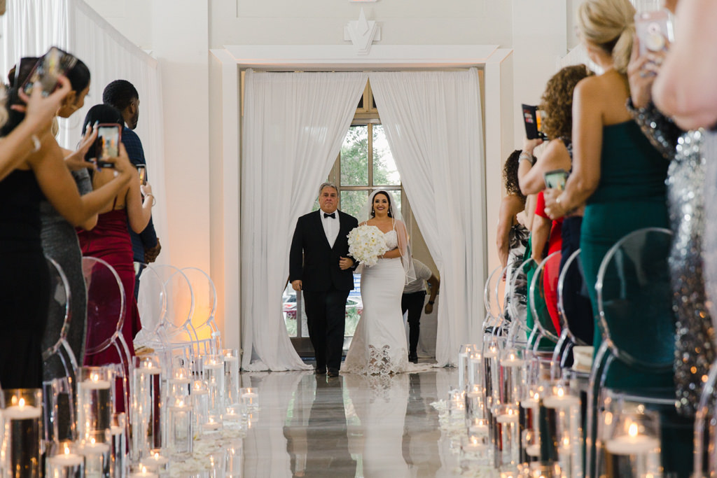 Modern Bride and Father Walking Down the Aisle Processional Wedding Ceremony Portrait | Tampa Bay Wedding Venue The Vault | Wedding Florist and Rentals Gabro Event Services