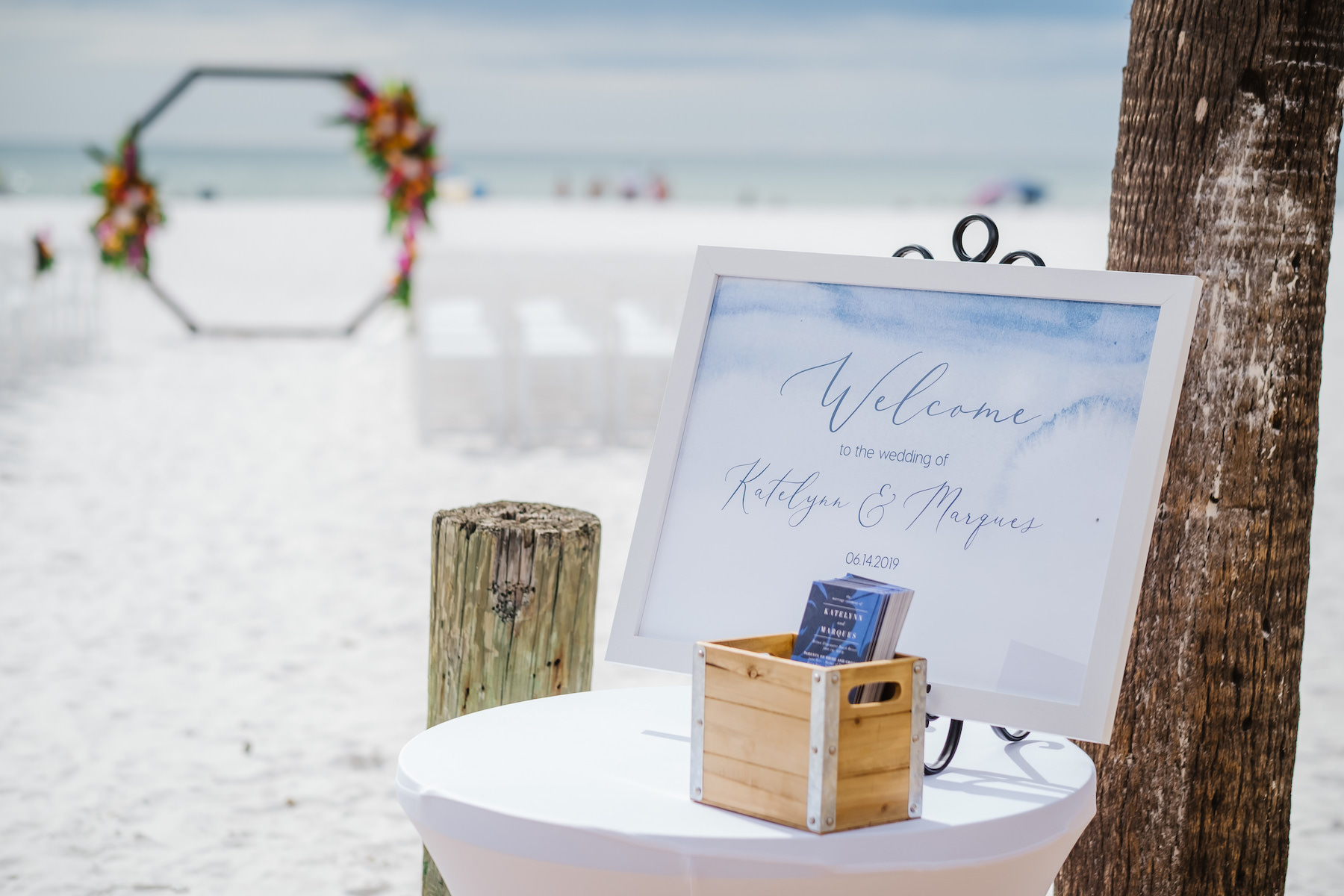 Tropical Beachfront Wedding Ceremony Decor, Blue and White Watercolor Welcome Sign | Clearwater Beach Waterfront Beach Hotel Wedding Venue Hilton Clearwater Beach