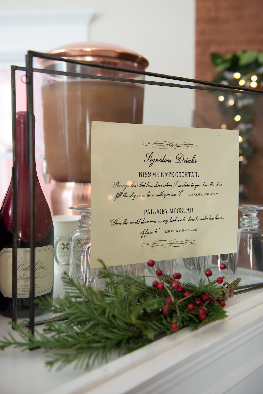 Christmas Inspired Wedding Reception Decor, Glass Frame with Signature Cocktail Menu and Mistletoe | Tampa Bay Wedding Photographer Carrie Wildes Photography