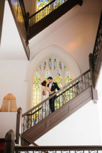 Traditional Church Bride and Groom on Staircase Wedding Portrait | St. Petersburg Wedding Venue First United Methodist Church