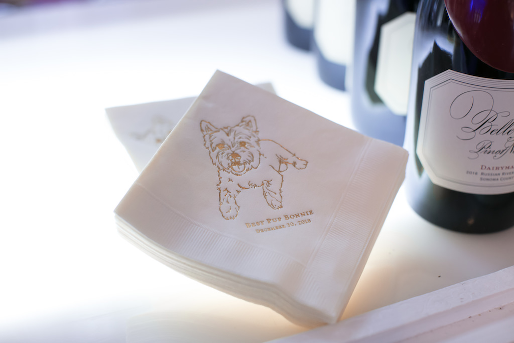 Custom Unique Gold Foil Napkins with Bride and Groom Terrier Dog | Tampa Bay Wedding Photographer Carrie Wildes Photography