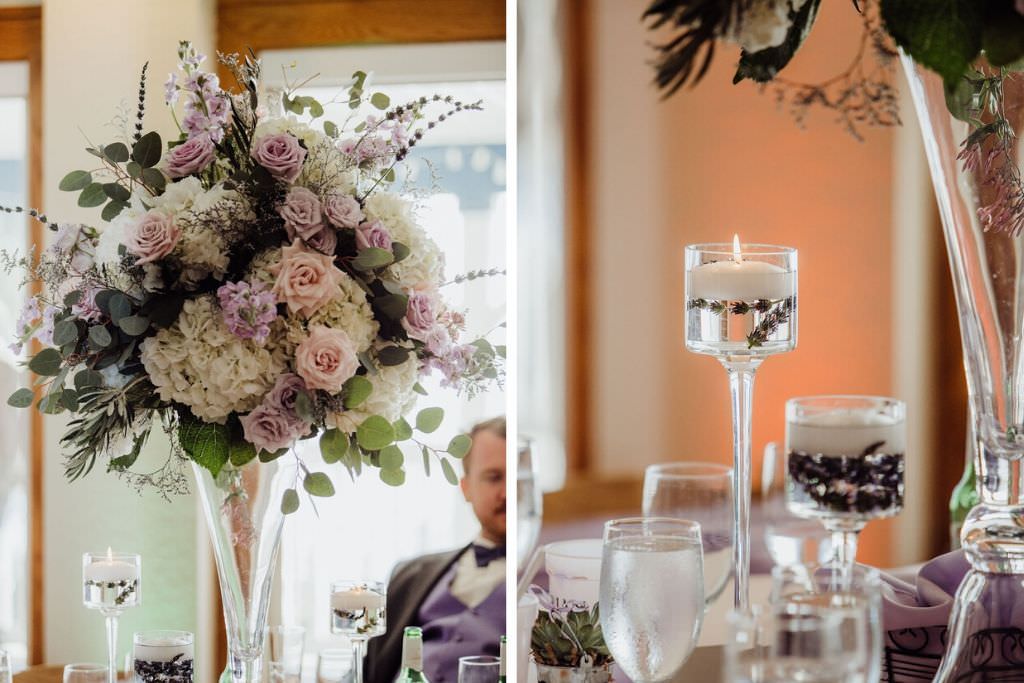 Spring Elegant Wedding Reception Decor, Tall Glass Vase with White Hydrangeas, Lilac and Blush Pink Roses, Eucalyptus, and Lavender Flowers Centerpiece, High Low Floating Candle Holders