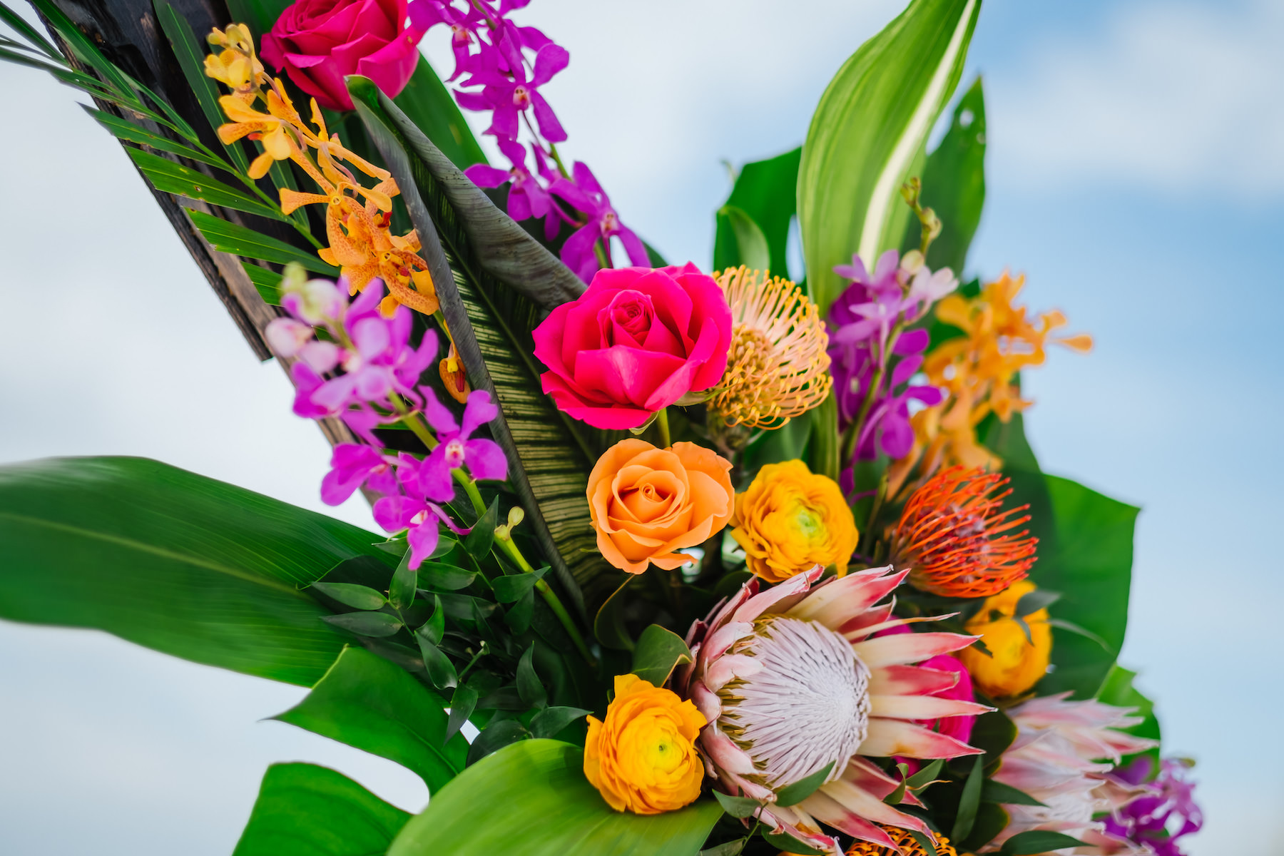 Tropical Wedding Ceremony Decor, Pink and Orange Roses, King Proteas, Purple Orchids, Yellow Peony, Monstera Palm Leaves Floral Arrangements