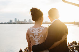 Sunset Wedding Portrait, Bride in Romantic Lace and Illusion Back Watters Wedding Dress with Updo Hairstyle | St. Petersburg Wedding Hair and Makeup Femme Akoi Beauty Studio