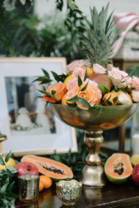 Romantic Whimsical Wedding Reception Decor, Gold Bowl with Fruit and Orange, Blush Pink Roses | St. Petersburg Wedding Rentals Gabro Event Services | Tampa Bay Wedding Florist Bruce Wayne Florals