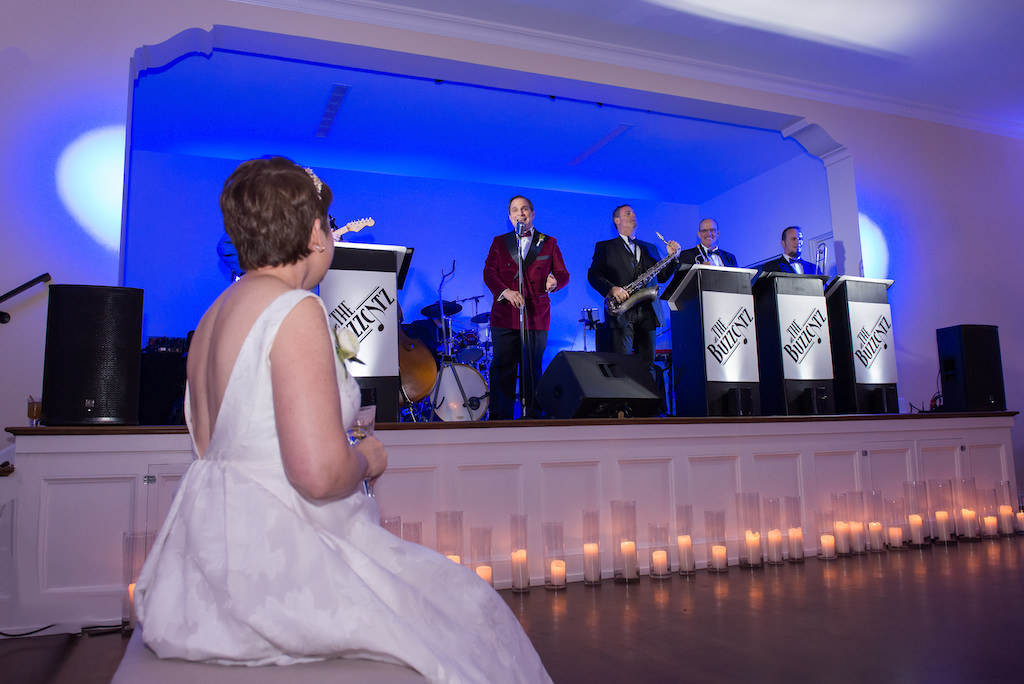 Florida Bride Watching Groom Singing with Live Wedding Band Portrait | Tampa Bay Wedding Photographer Carrie Wildes Photography | Tampa Ballroom Wedding Venue The Orlo House
