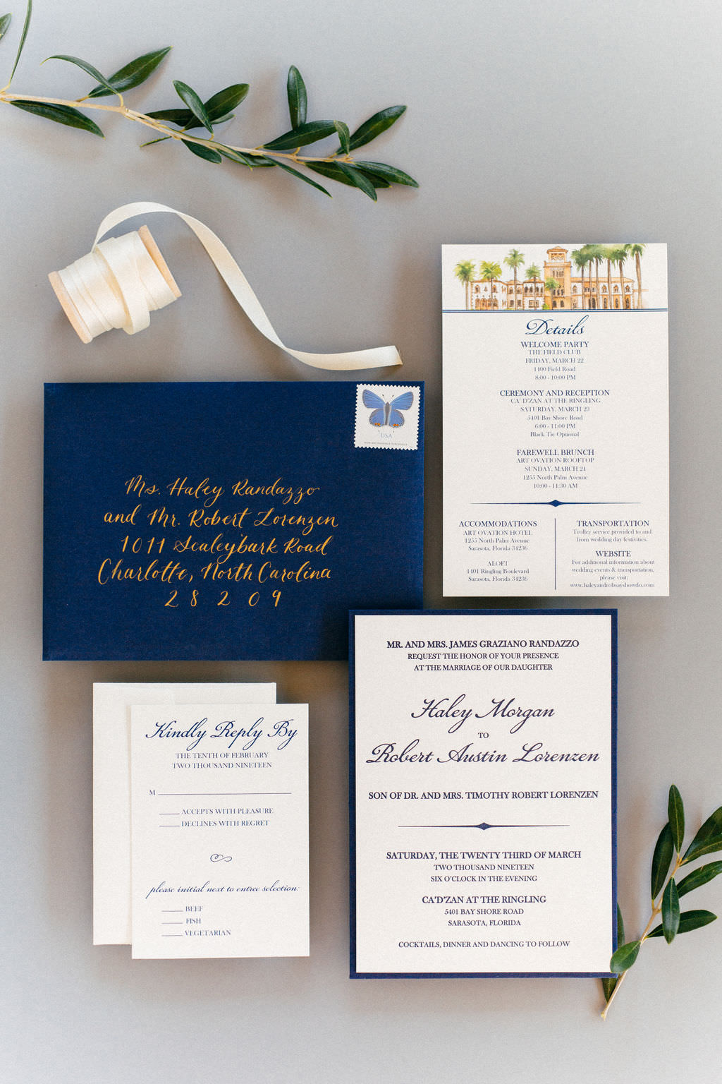 Navy Blue and White Wedding Invitation Suite