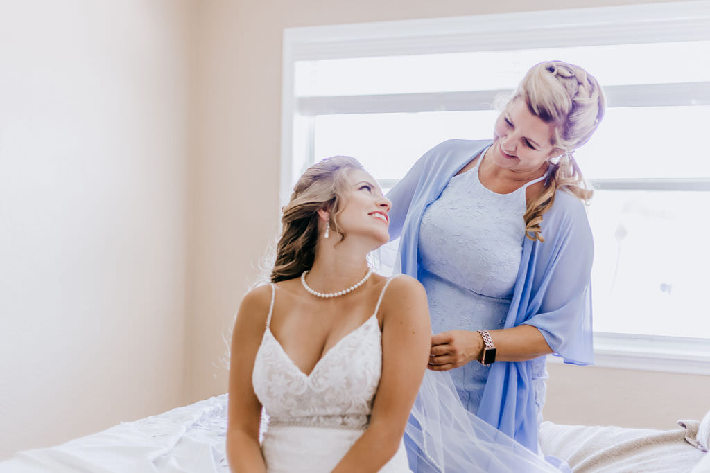 Tampa Bay Bride Getting Ready Portrait with Mother in V Neckline Wedding Dress
