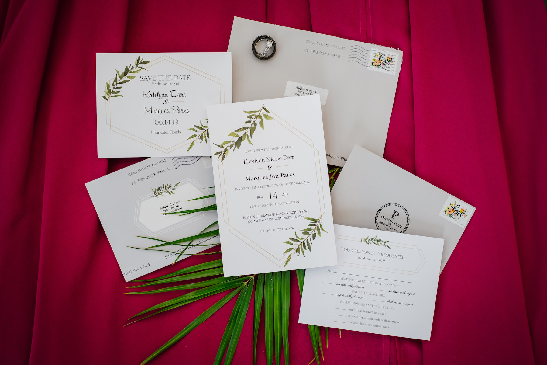 Tropical Elegant White, Greenery and Geometric Patterns Wedding Invitation Suite