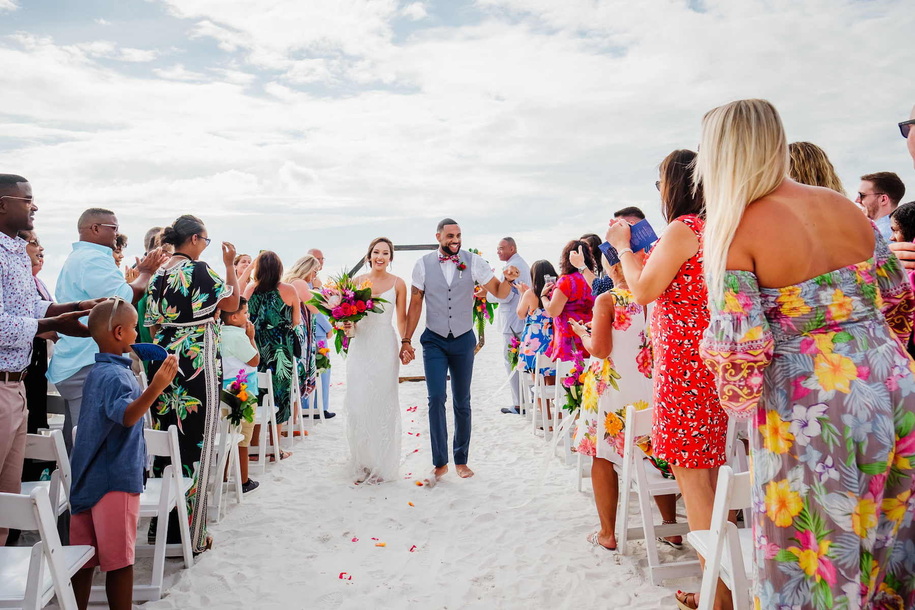 Clearwater Beach Bride and Groom Waterfront Recessional Wedding Portrait