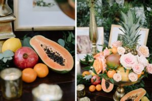Whimsical Romantic Wedding Reception Decor, Rustic Wooden Table with Pomegranate, Papaya, Oranges and Lemon Fruits, Gold Bowl with Blush Pink and Orange Roses, Pineapple and Fruits Arrangement | Tampa Bay Wedding Florist Bruce Wayne Florals | St. Pete Wedding Rentals Gabro Event Services