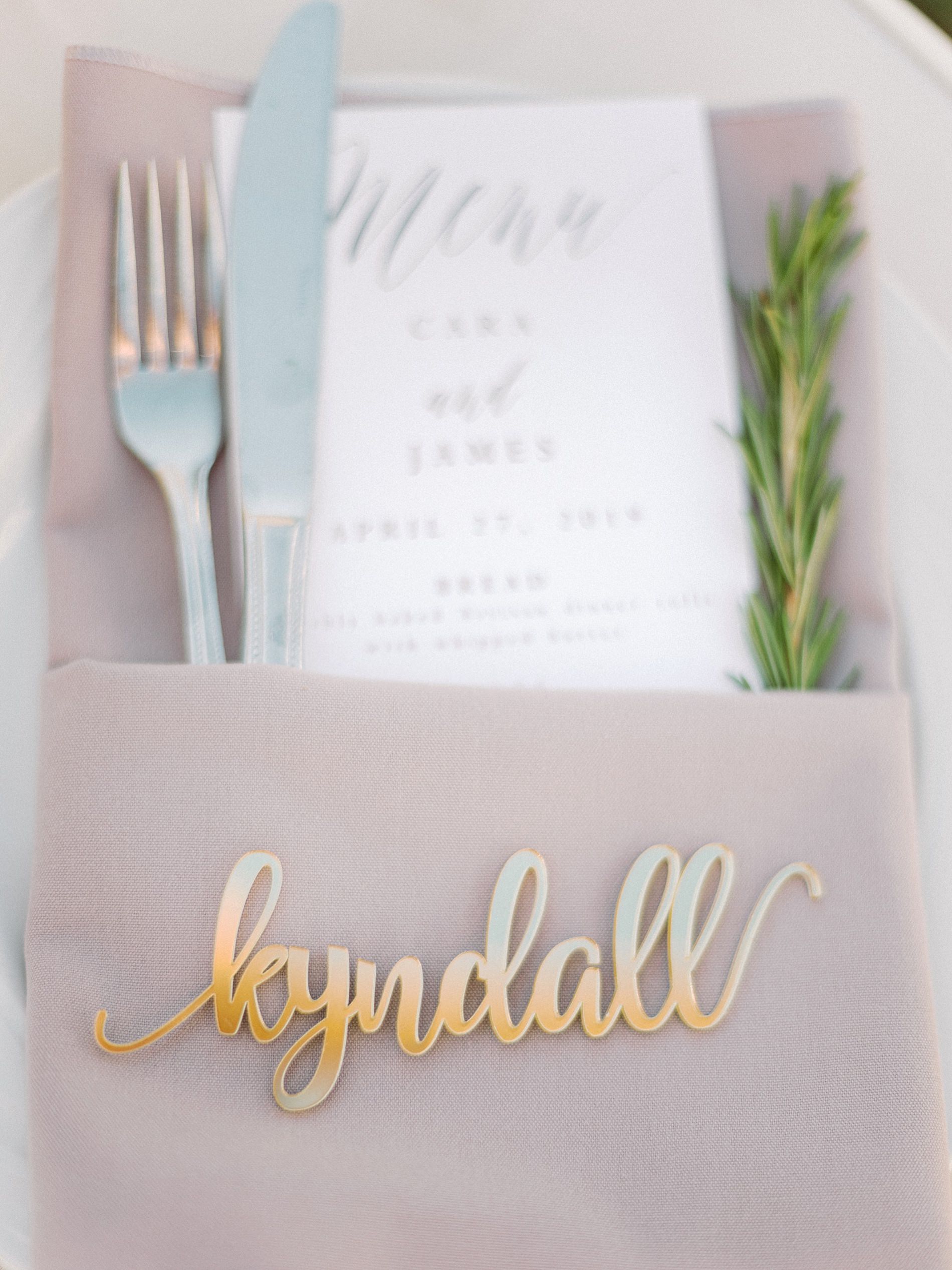 INSTAGRAM Blush Pink Linen with Rosemary and Menu Card, Laser Cut Gold Acrylic Name
