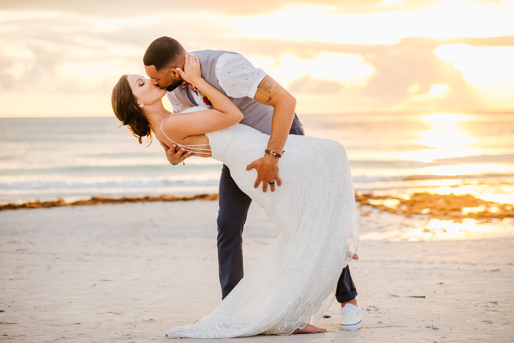 Clearwater Beach Bride and Groom Sunset Intimate Waterfront Wedding Portrait