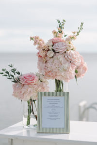 Romantic Wedding Reception Bar Decor, Blush Pink Hydrangeas, Roses and Snapdragon Floral Arrangements | Tampa Bay Wedding Florist Bruce Wayne Florals