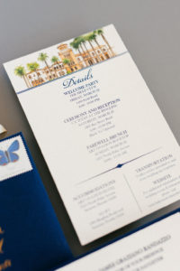 Navy Blue and White with Custom Watercolor Painting of Wedding Venue on Invitation