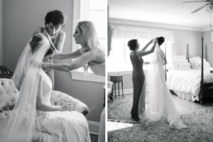 Tampa Bay Bride Getting Ready Wedding Portrait with Mother Putting on Cathedral Veil