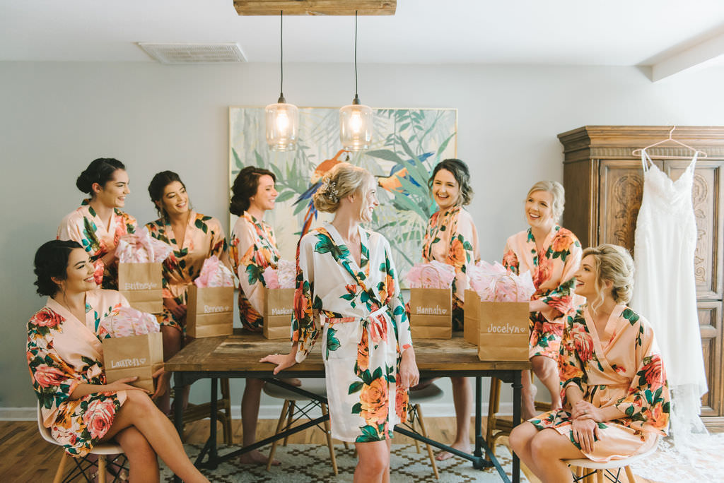 Modern Florida Bride and Bridesmaids in Pink Peach Floral Robes Getting Ready Wedding Portrait | Tampa Bay Wedding Photographer Kera Photography