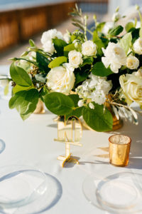 Classic Elegant Wedding Reception Decor, Low White Roses with Greenery Floral Centerpiece, Acrylic Gold Table Number, Gold Mercury Candle Votive | Tampa Bay Wedding Planner NK Productions