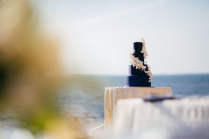 Four Tier Navy Blue Wedding Cake with Cascading White Flowers