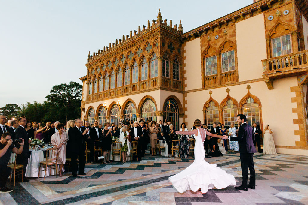 Florida Bride and Groom First Dance Wedding Portrait | Sarasota Historic Waterfront Wedding Reception Venue Ca d’Zan at The Ringling Museum | Tampa Bay Wedding Planner NK Productions