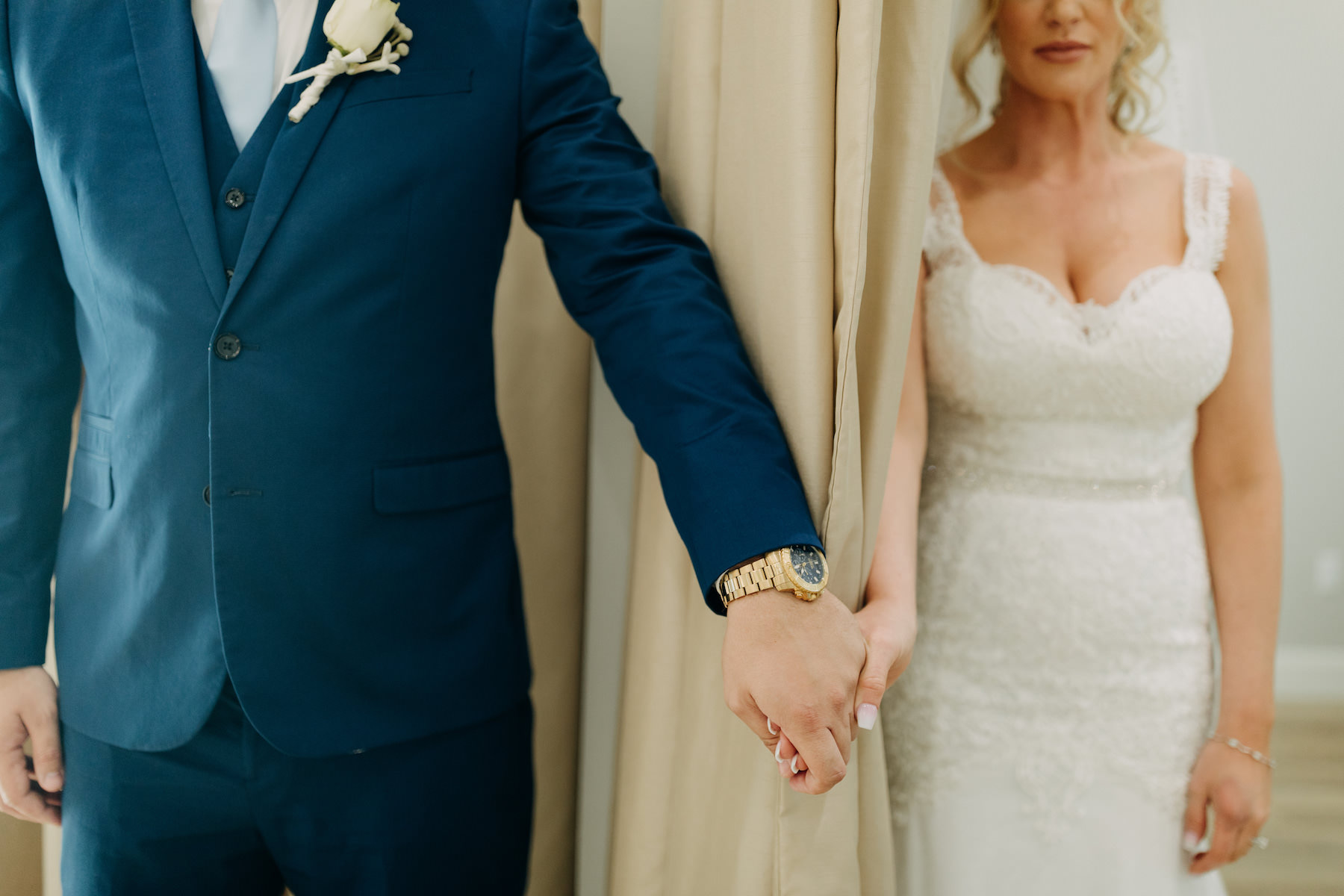 Creative Intimate Tampa Bay Bride and Groom Holding Hands First Touch Wedding Portrait