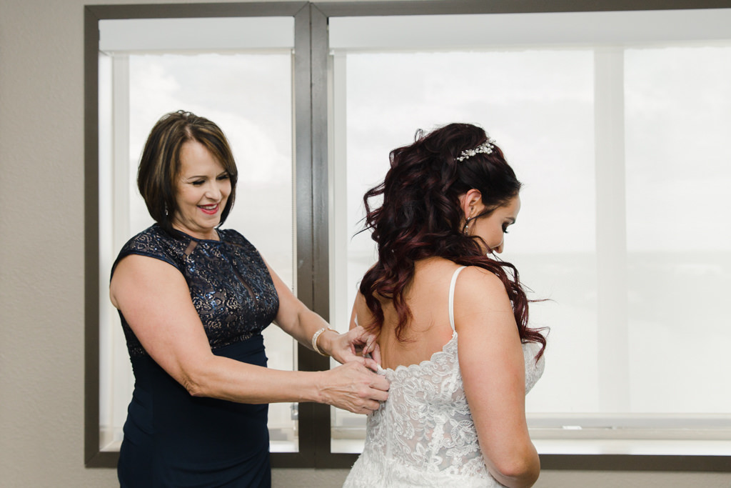 Tampa Bay Bride with Mother Getting Ready Wedding Portrait in Lace and Illusion Wedding Dress